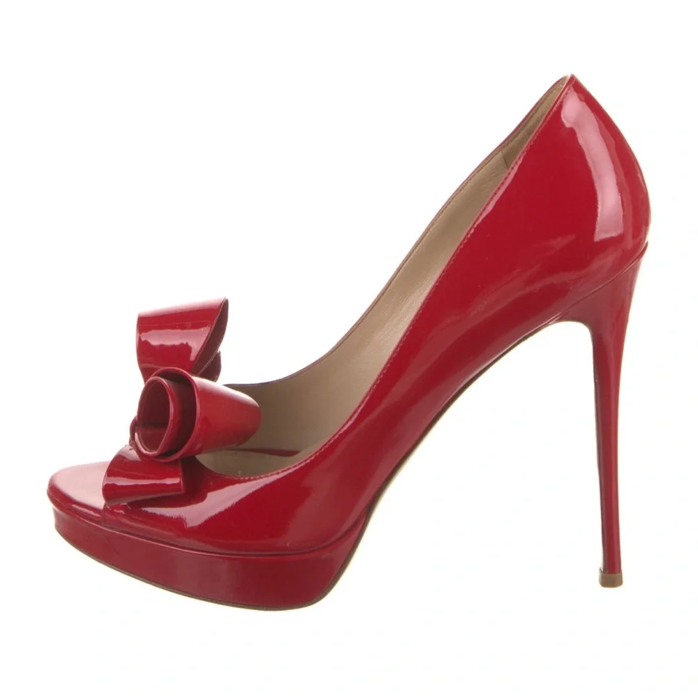 Valentino Garavani Red Patent Leather Bow Peep-Toe Stiletto Pumps